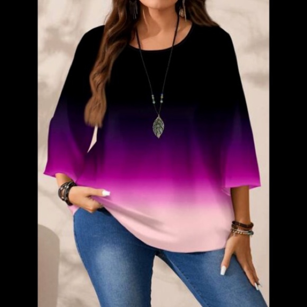 SHEIN Black and Purple Relaxed 3/4 Sleeve Blouse